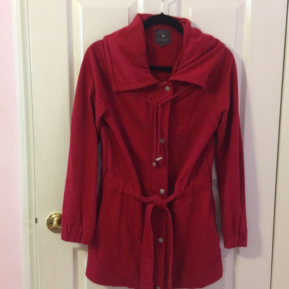 Power red jacket- it snaps, zips, belts...